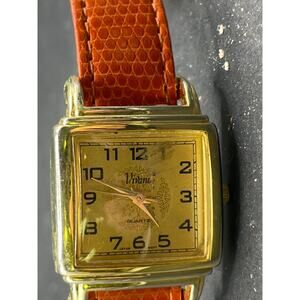 Vintage Vivani Quartz Tank Style Gold Tone Case Brown Leather Strap Watch 26.3mm